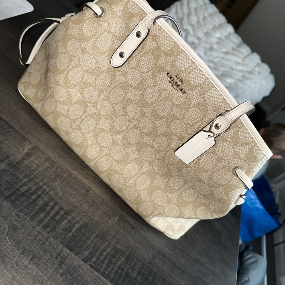 Coach Cream Canvas Tote Bag with Monogram Print